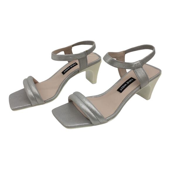 Nine West Dark Silver Metallic Urgreat Square Toe Leather Ankle Strap Sandals 5 - Picture 5 of 14